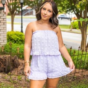 Boutique (Peach Love): Purple Strapless Swiss Dot Romper